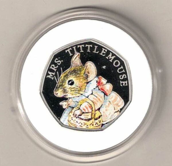 2018 Silver Proof Fifty Pence Coin Mrs Tittlemouse. This coin comes in the original box with certificate as issued by the royal mint.