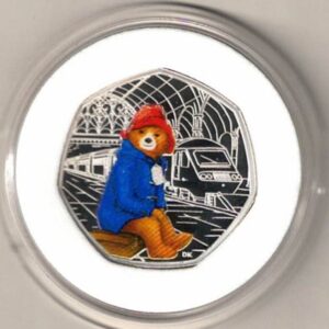 2018 Silver Proof Fifty Pence Paddington At The Station. This coin comes in the original box with certificate as issued by the royal mint.