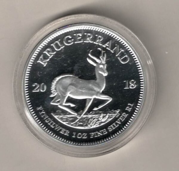 2018 Silver proof South Africa One Ounce Krugerrand. Paul Kruger is on the obverse. The coin contains one ounce of 999 fine silver