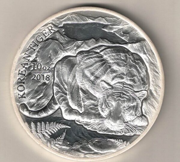 2018 Silver Ten Ounce Korean Tiger This round contains ten ounces of 999 fine silver. All of our silver coins are in stock.