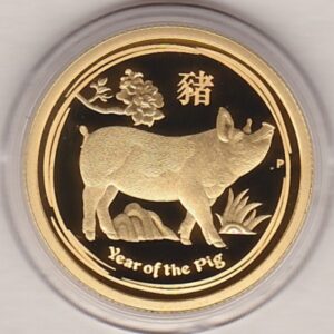 2019 Gold Proof Australia Quarter Ounce coin. The coin was issued as part of the Lunar II series and was struck to celebrate the year of the pig.