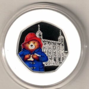 2019 Silver Proof Fifty Pence Paddington At The Tower. This coin comes in the original box with certificate as issued by the royal mint.