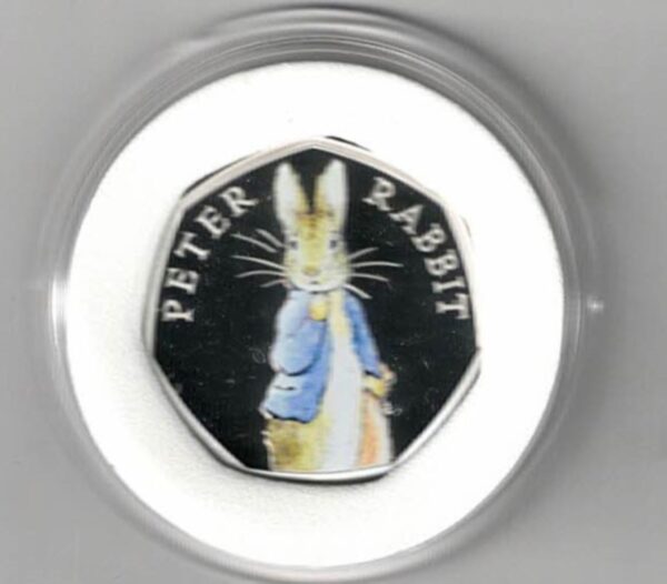 2019 Silver Proof Fifty Pence Coin Peter Rabbit. This coin comes in the original box with certificate as issued by the royal mint.