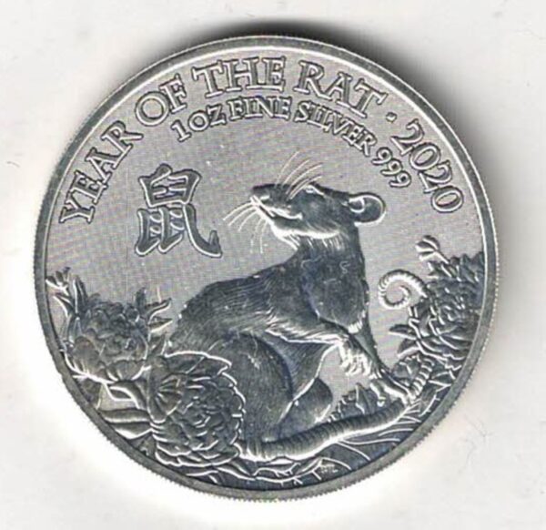 2020 Silver One Ounce Year Of The Rat. The portrait of Queen Elizabeth II is on the obverse. The coin contains one ounce of 999 fine silver.