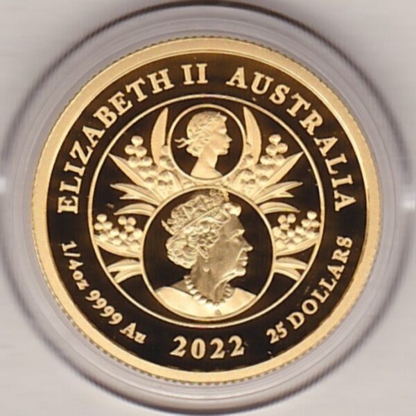 2022 Gold Proof Australia Quarter Ounce coin. The coin was issued to celebrate the Queen's Platinum Jubilee. Boxed with certificate.