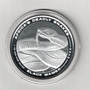 2022 Silver Congo One Ounce Black Mamba. This Coin does features the black mamba. The coin contains one ounce of 999 fine silver.