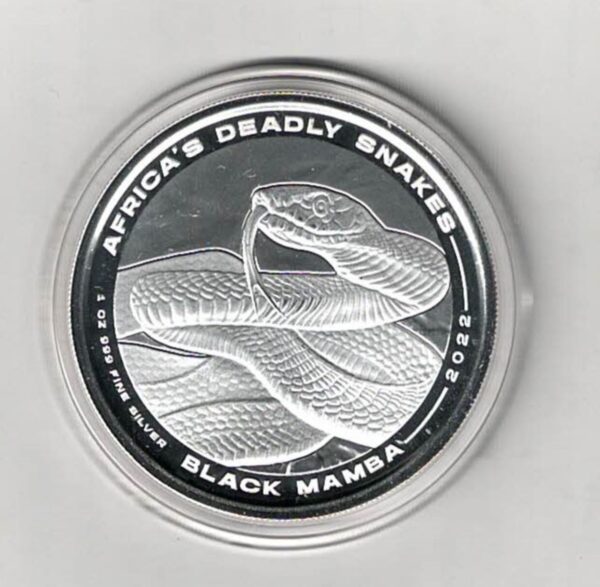 2022 Silver Congo One Ounce Black Mamba. This Coin does features the black mamba. The coin contains one ounce of 999 fine silver.