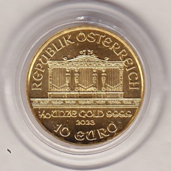 2023 Austria Gold Tenth Ounce Philharmonic Coin. The obverse features a pipe organ in the Vienna Musikverein's Golden Hall.