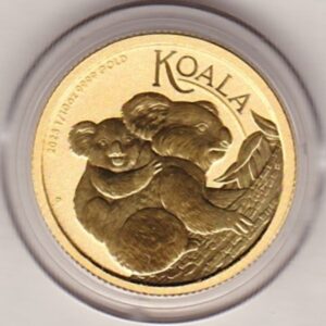 2023 Gold Australia Tenth Ounce coin. This gold coin features Queen Elizabeth II on the Obverse. The Koala and baby on the Reverse.