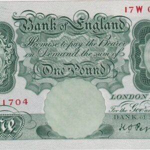 B238 Peppiatt One Pound Banknote 17W. This is the green 1934 Issue, with Serial Number 17W 021704. This note is in mint condition.