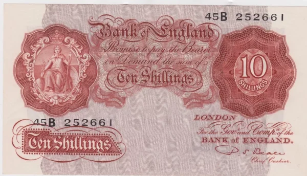 B265 Beales 45B Ten Shillings banknote. Replacement banknote. All banknotes are in stock for despatch. You are buying the banknote in the pictures.