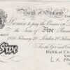 B276 White Five Pounds Banknote. This large white note is the London 2oth February 1956 Issue, with Prefix / Serial Number C16A 058077.