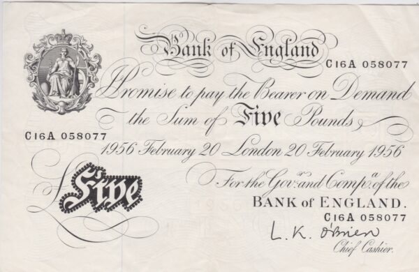 B276 White Five Pounds Banknote. This large white note is the London 2oth February 1956 Issue, with Prefix / Serial Number C16A 058077.