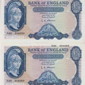 B277 Five Pound Banknotes. Two consecutive banknotes. These banknotes were issued in 1957 with Prefix / Serial Numbers A38 254089 & A38 254090.