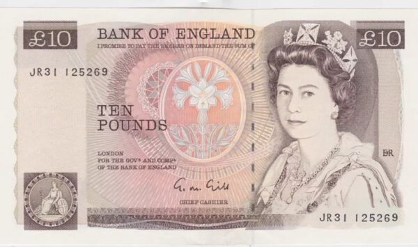 B354 Gill Ten Pounds banknote. Deep brown on multicolour underprint. The obverse features Elizabeth II. The reverse features Florence Nightingale.