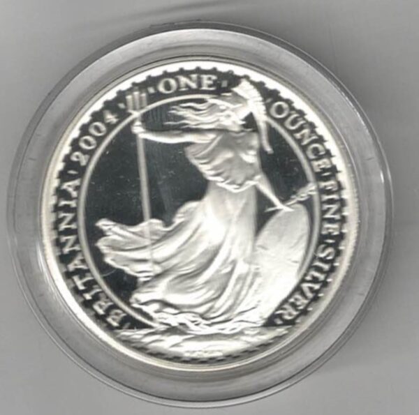 Boxed 2004 Silver Britannia Proof One Ounce. The coin contains one ounce of fine silver. All of our silver coins have been pre-owned and are in stock.