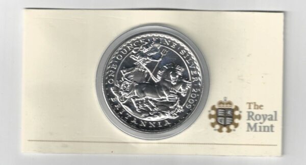 Boxed 2009 Silver Britannia One Ounce Coin. The coin contains one ounce of fine silver. All of our silver coins have been pre-owned and are in stock.