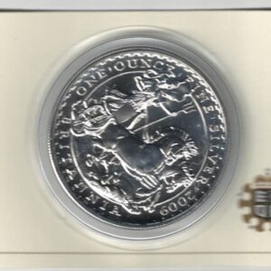 Boxed 2009 Silver Britannia One Ounce Coin. The coin contains one ounce of fine silver. All of our silver coins have been pre-owned and are in stock.