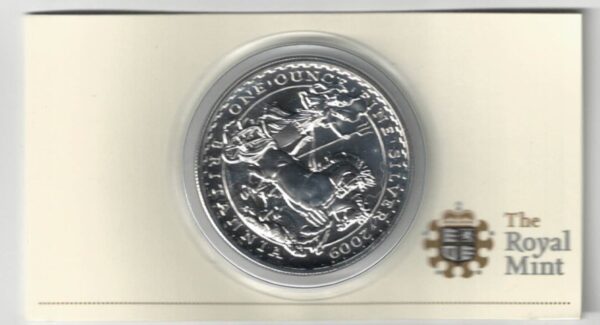 Boxed 2009 Silver Britannia One Ounce Coin. The coin contains one ounce of fine silver. All of our silver coins have been pre-owned and are in stock.