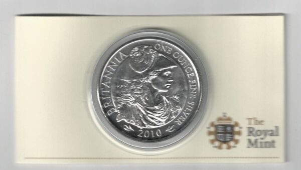 Boxed 2010 Silver Britannia One Ounce Coin. The coin contains one ounce of fine silver. All of our silver coins have been pre-owned and are in stock.