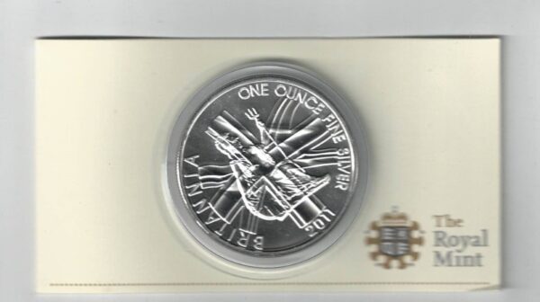 Boxed 2011 Silver Britannia One Ounce Coin. The coin contains one ounce of fine silver. All of our silver coins have been pre-owned and are in stock.