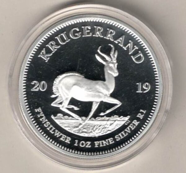 2019 Silver proof South Africa One Ounce Krugerrand. Paul Kruger is on the obverse. The coin contains one ounce of 999 fine silver