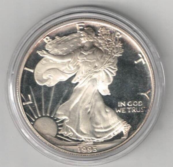 Boxed USA 1993 P Silver Proof One Ounce Eagle. The liberty is on the obverse, The eagle is on the reverse. The coin contains one ounce of 999 fine silver.