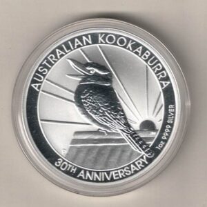 2020 Anniversary Silver Australia One Ounce Kookaburra. Kookaburras are on both sides. The coin contains one ounce of 9999 fine silver