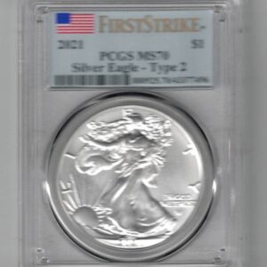 Slabbed PCGS 2021 W Silver USA One Ounce Eagle. The liberty is on the obverse, The eagle is on the reverse. The coin contains one ounce of 999 fine silver.