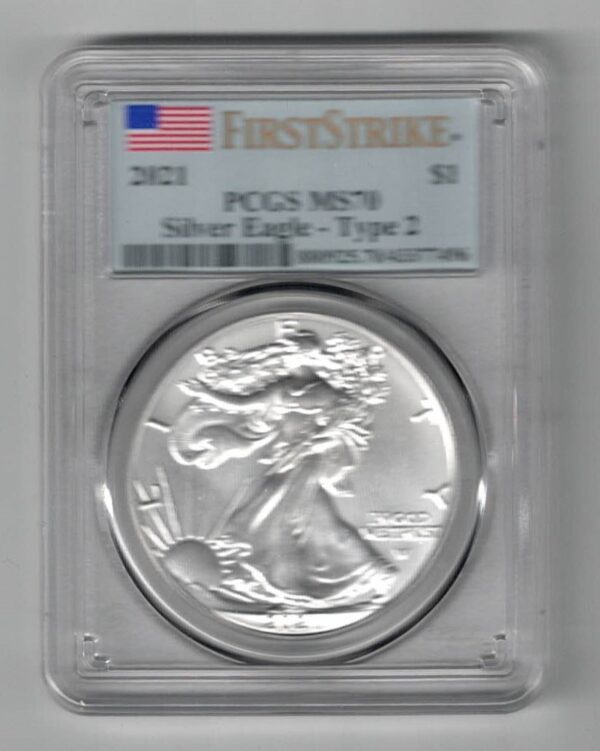 Slabbed PCGS 2021 W Silver USA One Ounce Eagle. The liberty is on the obverse, The eagle is on the reverse. The coin contains one ounce of 999 fine silver.