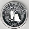 2020 Silver New Zealand One Ounce Chatham Penguins. Chatham Island Crested Penguins are on the reverse side. The coin contains one ounce of 999 fine silver.