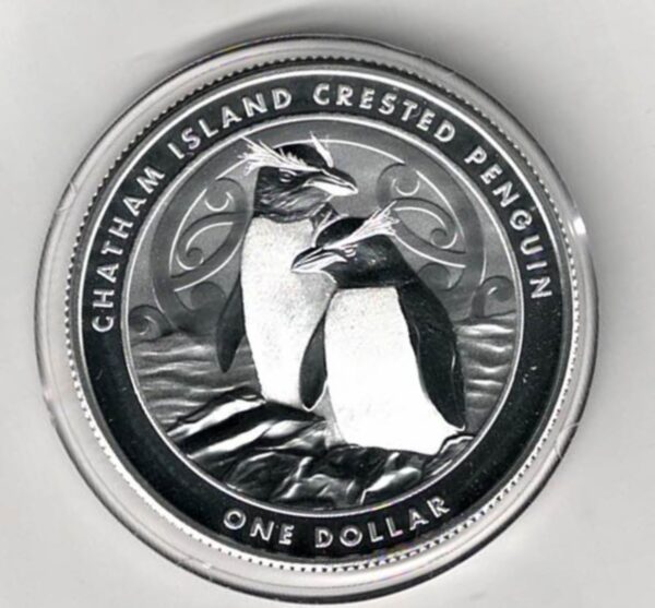 2020 Silver New Zealand One Ounce Chatham Penguins. Chatham Island Crested Penguins are on the reverse side. The coin contains one ounce of 999 fine silver.