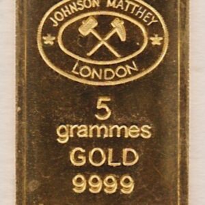 Five Gram Gold Bar from Johnson Matthey London. This bar contains 5 grams of 999.9 fine gold and comes in a plastic envelope.