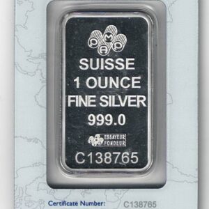 One Ounce Silver Bar Pamp Suisse. All of our silver bars have been pre-owned and are in stock. This bar contains one ounce of 999 fine Silver.