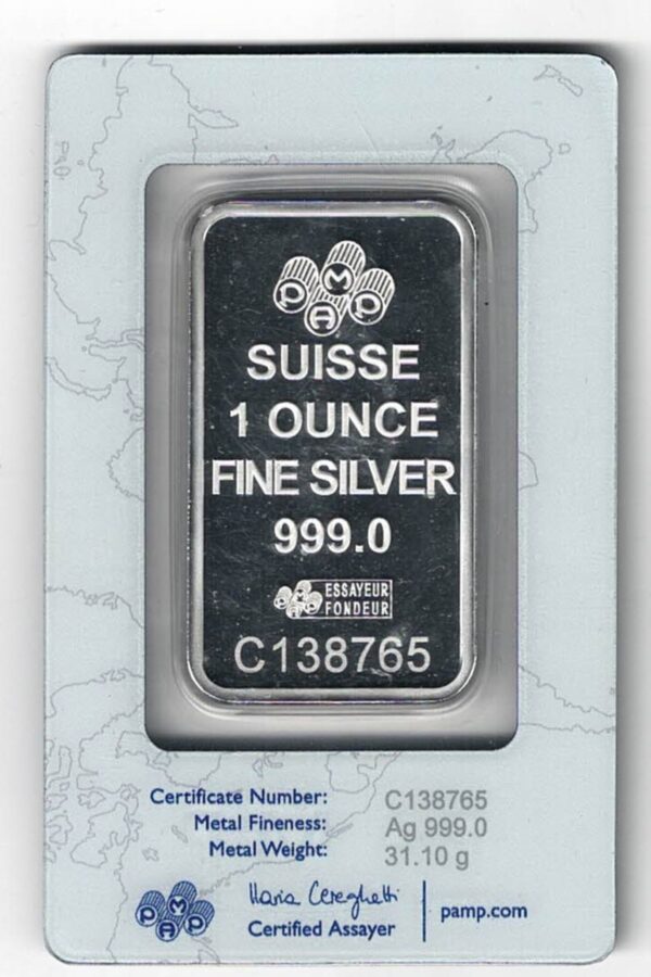 One Ounce Silver Bar Pamp Suisse. All of our silver bars have been pre-owned and are in stock. This bar contains one ounce of 999 fine Silver.