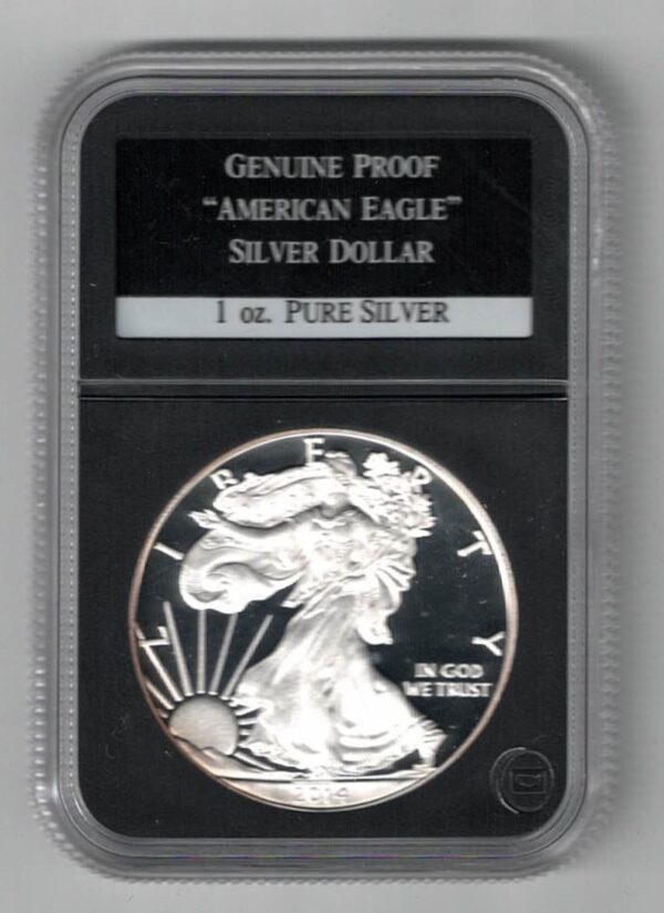 Slabbed 2014 W Silver Proof USA One Ounce Eagle. The liberty is on the obverse, The eagle is on the reverse. All coins are instock.