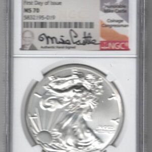 Slabbed NGC 2020 Silver USA One Ounce Eagle. The liberty is on the obverse, The eagle is on the reverse. The coin contains one ounce of 999 fine silver.