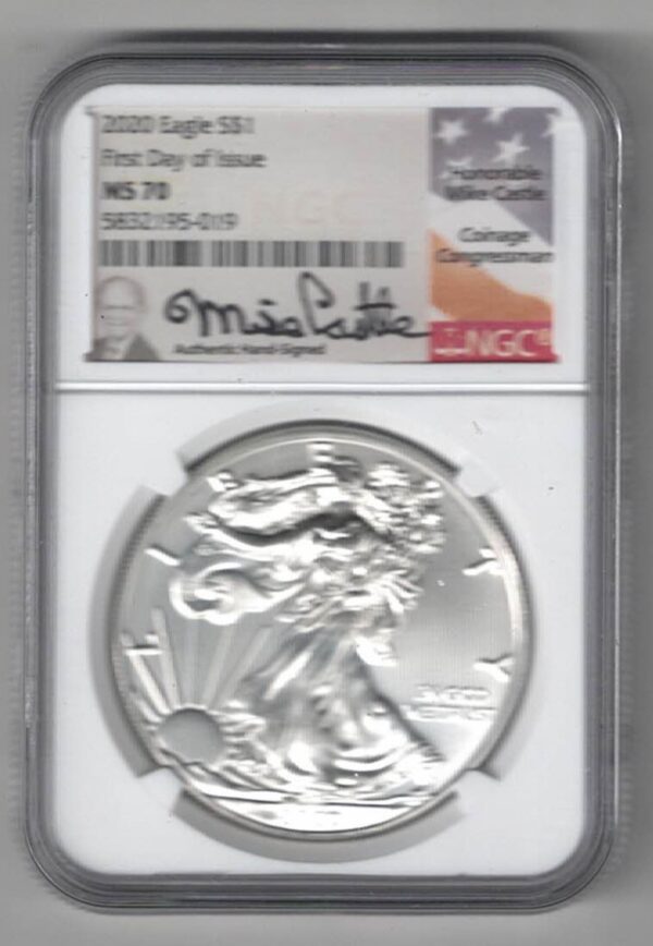 Slabbed NGC 2020 Silver USA One Ounce Eagle. The liberty is on the obverse, The eagle is on the reverse. The coin contains one ounce of 999 fine silver.