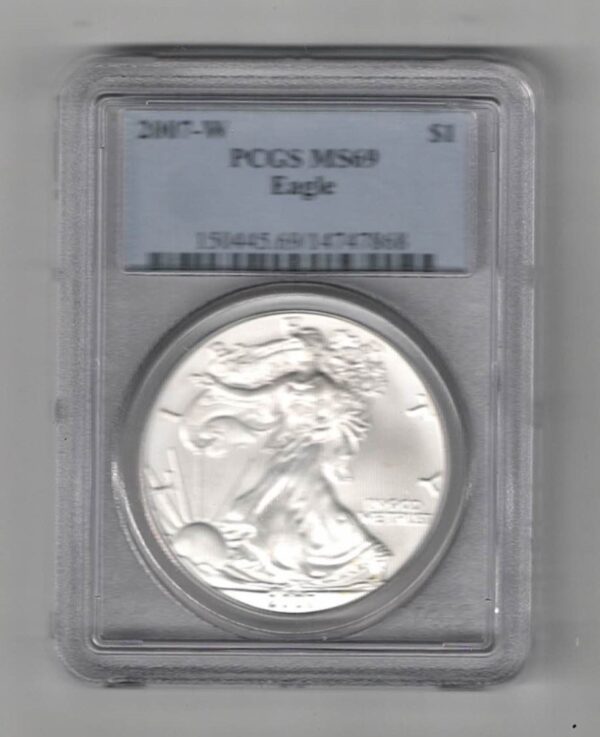 Slabbed PCGS 2007 Silver USA One Ounce Eagle. The liberty is on the obverse, The eagle is on the reverse. The coin contains one ounce of 999 fine silver.