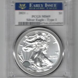 Slabbed PCGS 2021 Silver USA One Ounce Eagle. The liberty is on the obverse, The eagle is on the reverse. The coin contains one ounce of 999 fine silver.