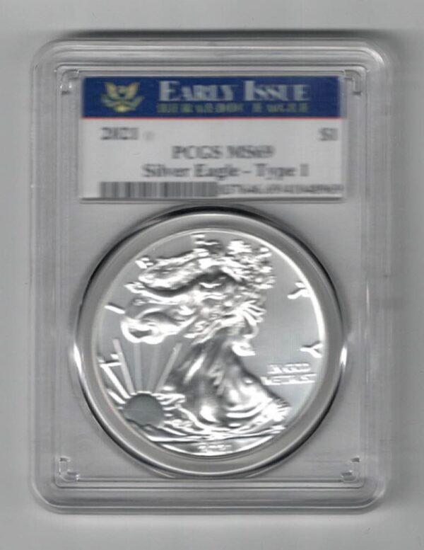 Slabbed PCGS 2021 Silver USA One Ounce Eagle. The liberty is on the obverse, The eagle is on the reverse. The coin contains one ounce of 999 fine silver.