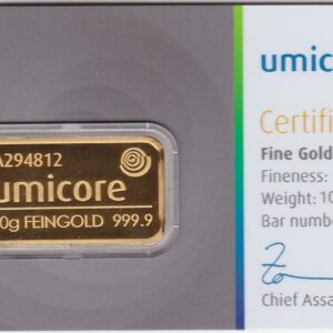 Ten Gram Gold Bar from Umicore. This bar contains ten grams of 999.9 fine gold and comes presented in a plastic credit card sized packet.