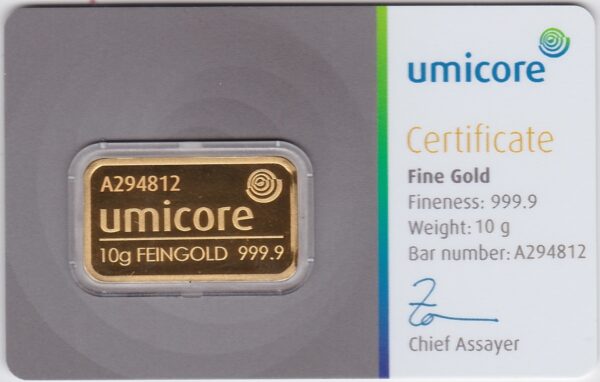 Ten Gram Gold Bar from Umicore. This bar contains ten grams of 999.9 fine gold and comes presented in a plastic credit card sized packet.