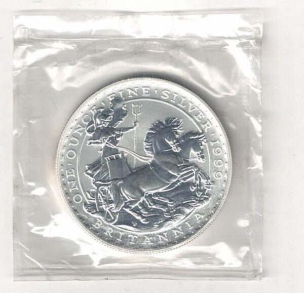 Toned 1999 Silver Britannia One Ounce Coin. The coin contains one ounce of fine silver. All of our silver coins have been pre-owned and are in stock.