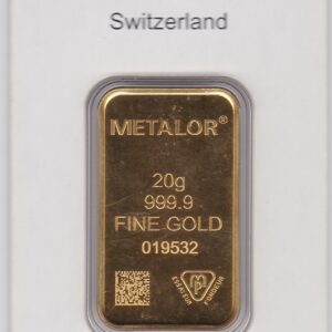 Twenty Gram Gold Bar from Metalor in Switzerland. This bar contains 20 grams of 999.9 fine gold and comes presented in a plastic credit card sized packet.