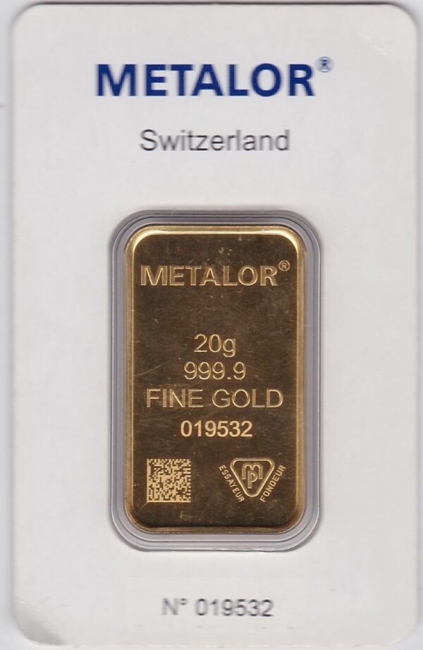 Twenty Gram Gold Bar from Metalor in Switzerland. This bar contains 20 grams of 999.9 fine gold and comes presented in a plastic credit card sized packet.