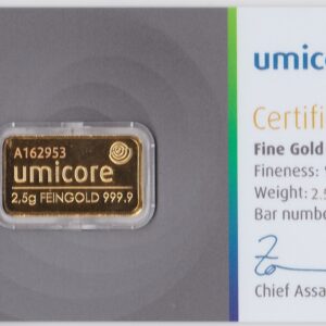 Two And A Half Gram Gold Bar from Umicore. This bar contains 2.5 grams of 999.9 fine gold and comes presented in a plastic credit card sized packet.