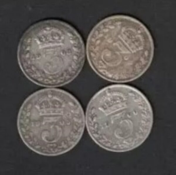 1903 / 1904 / 1905 & 1906 Silver Threepence Coins featuring King Edward VII on the Obverse. The Reverse features a crowned denomination dividing the date.