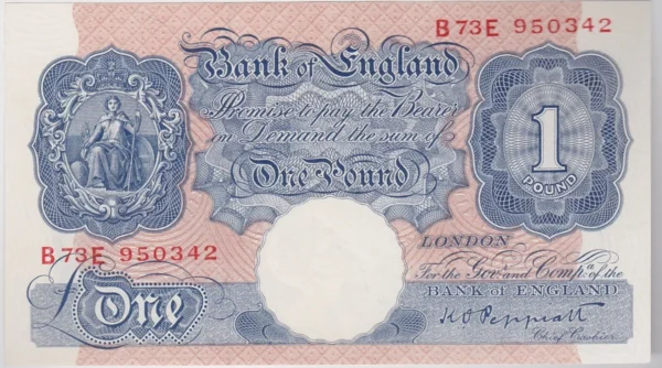 B249 Peppiatt One Pound Banknote B73E. This banknote is in mint condition. This is a blue wartime banknote issued in 1940.