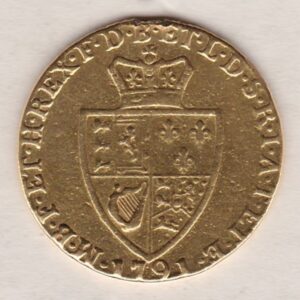 1791 Gold Guinea Coin featuring the fifth laureate head portrait of King George III on the obverse. The spade-shaped shield design is on the reverse.